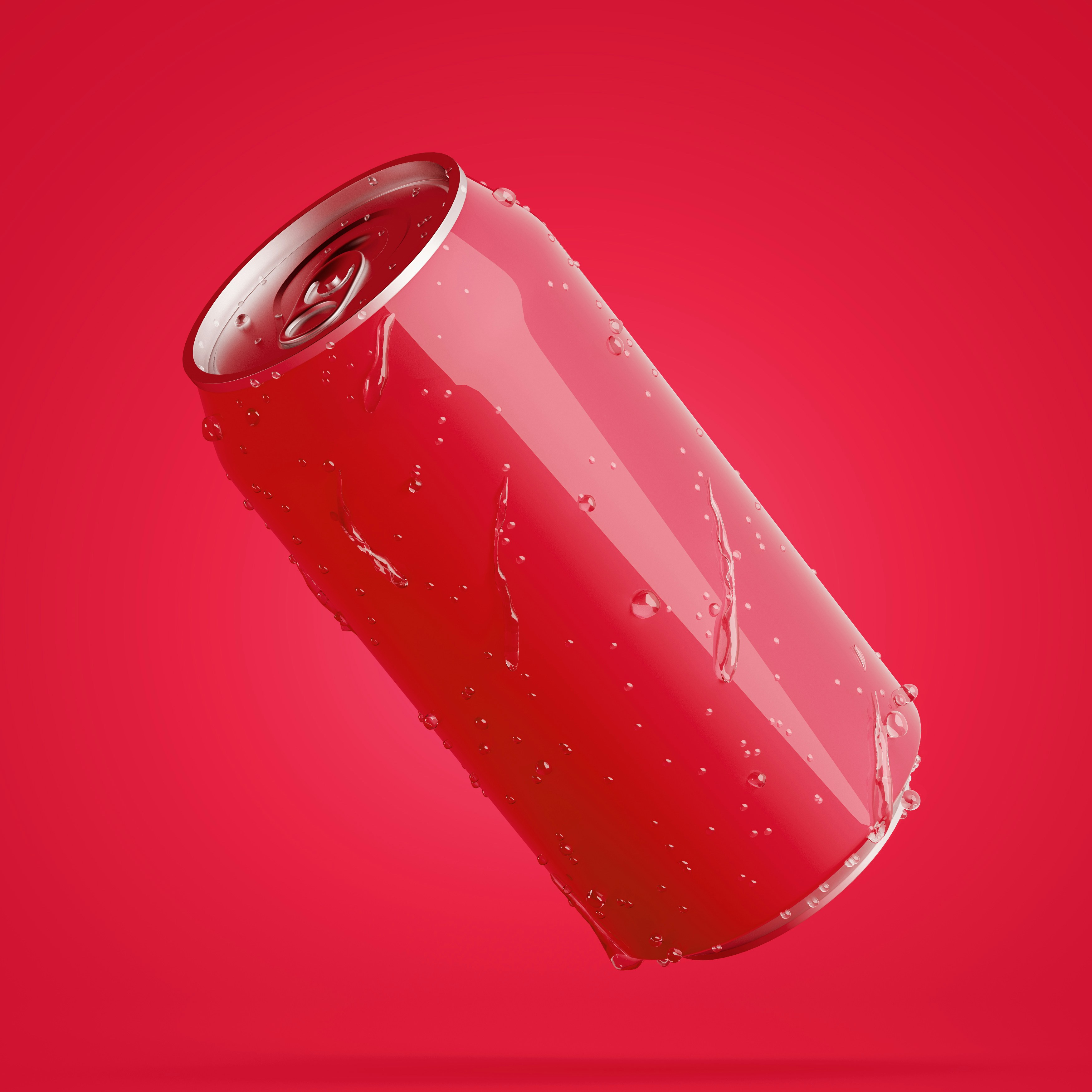 Eine rote Dose im Schrägbild. Die Dose ist leer. Das sieht man an der nach hinten gebogenen Lasche.