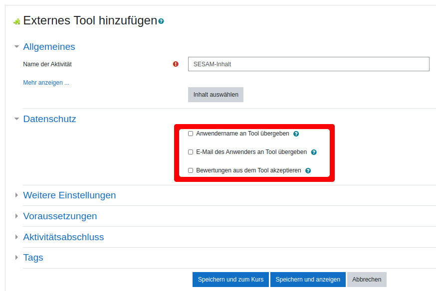 Datenschutzeinstellungen für "Externes Tool"